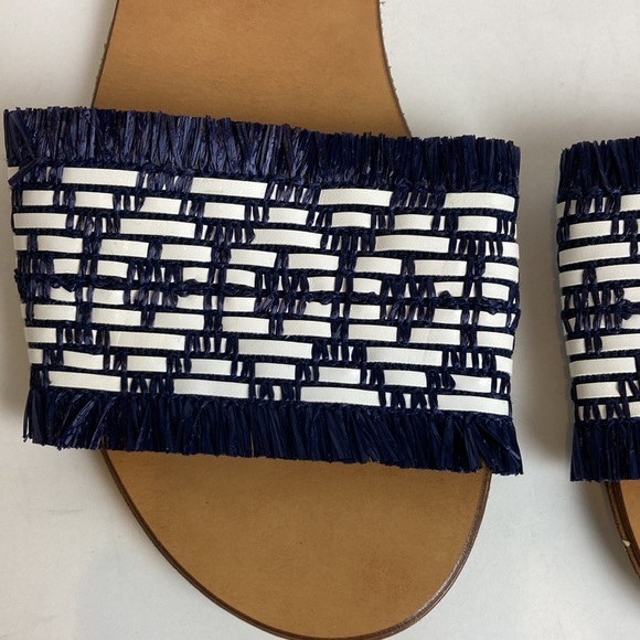 J. Crew Navy and White Raffia Slide Sandals Size 8 Made in Italy Vacation Boho - Picture 6 of 16